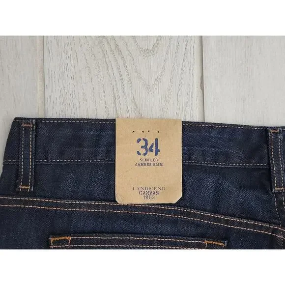 Lands End Men's Canvas Jeans Size 34x32 Slim Leg Stretch Dark Denim Blue - Picture 7 of 11